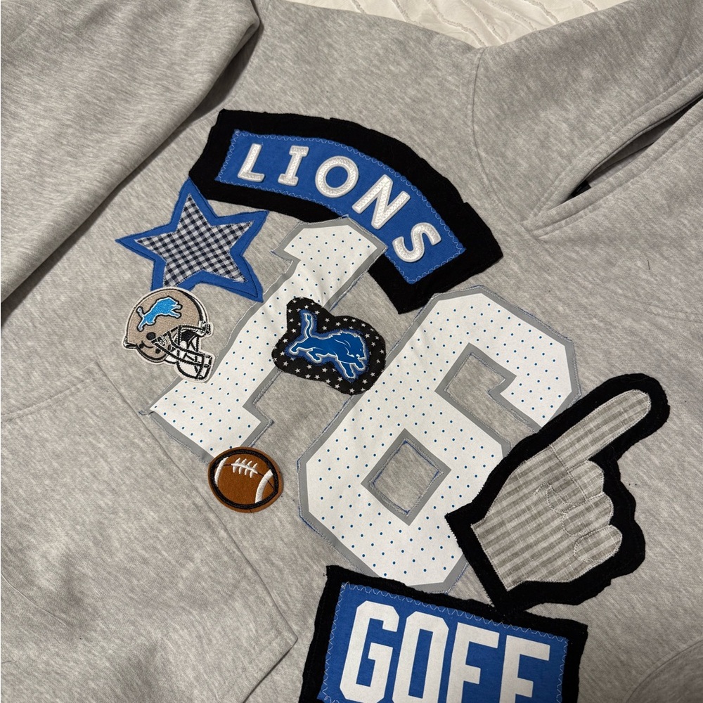 Gray and Blue Lions Sweatshirt with Custom Embroidered Patches